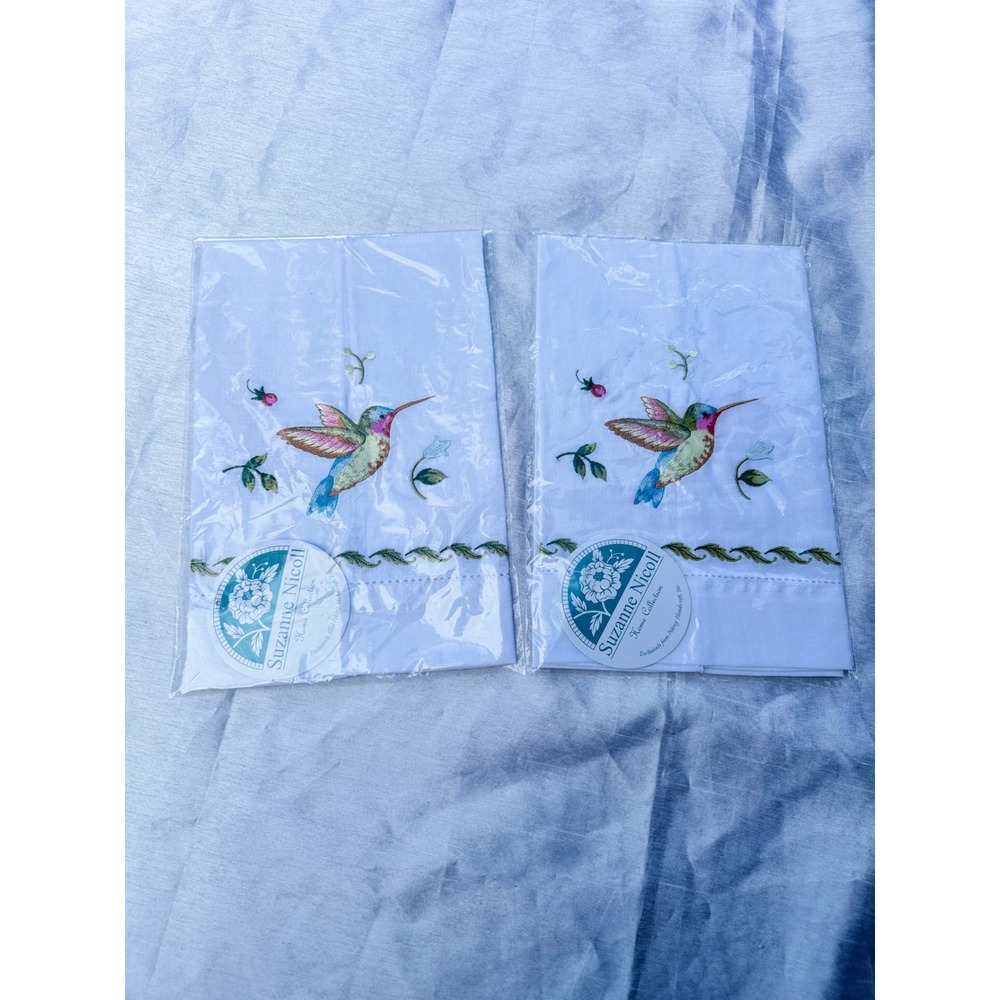 Suzanne Nicoll Hummingbird Embroidered Guest Towels Set of‎ 2 Linen Cotton White - Picture 3 of 11